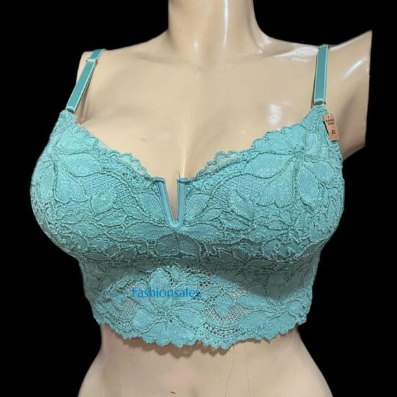 Victorias Secret Pink Floral lace Padded Long bralette bra crop Sage XLarge - Picture 3 of 4